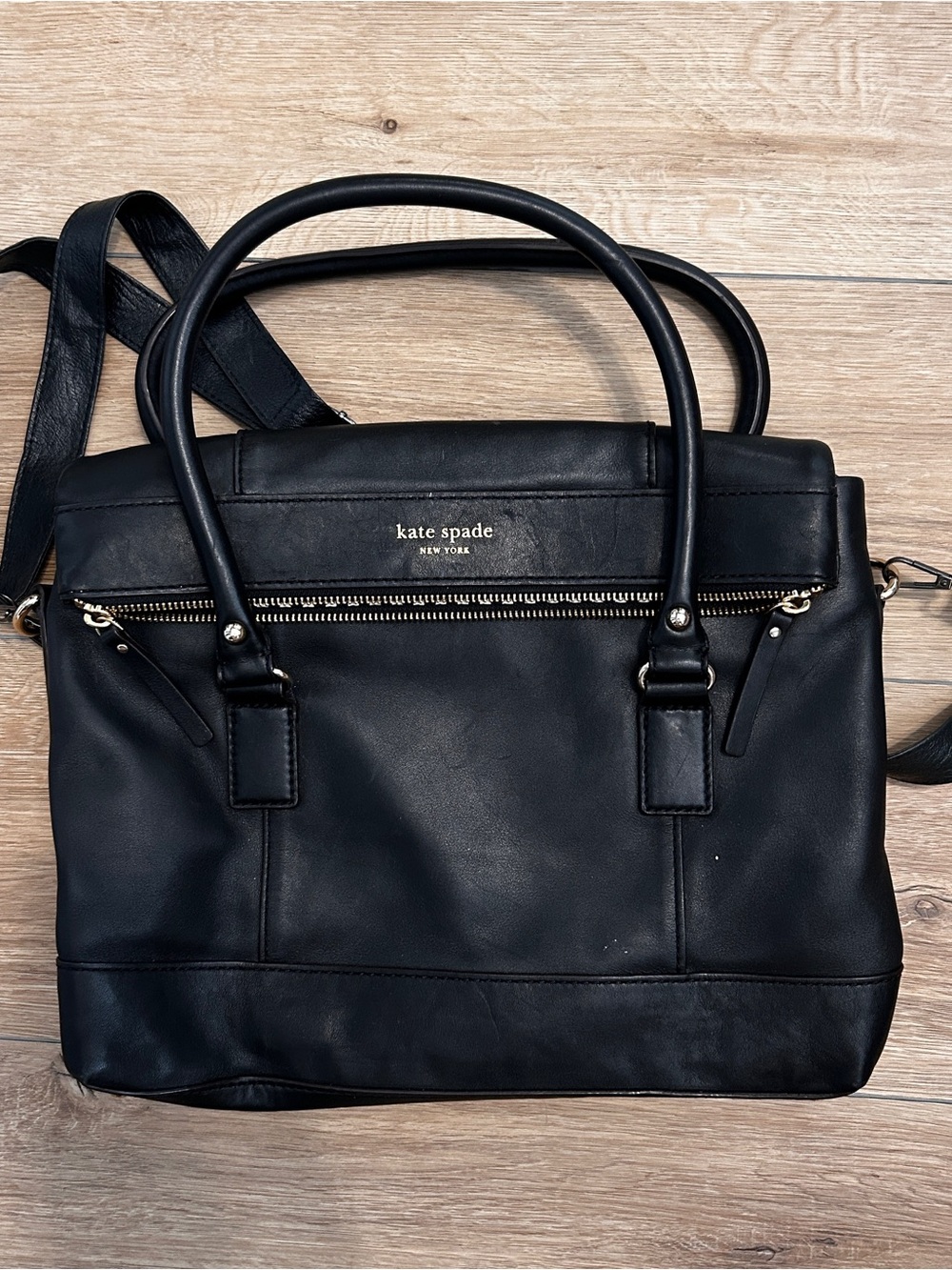 kate spade Black Leather Shoulder Satchel with Gold Hardware